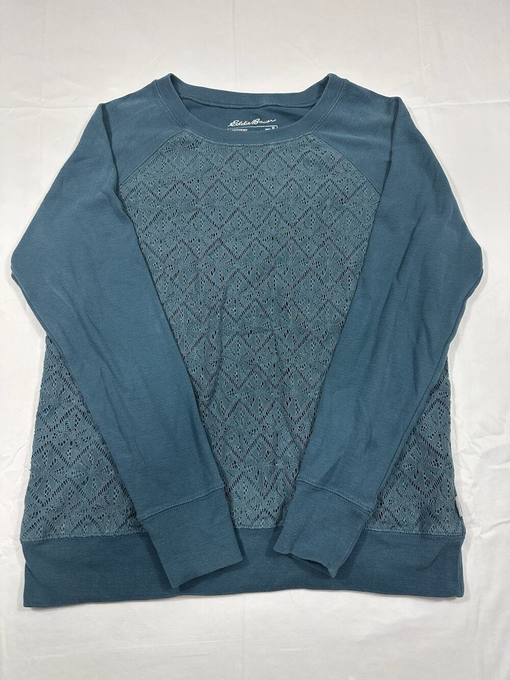 Eddie Bauer Sweater Women’s Medium Blue Crew Neck Lace Front Pullover